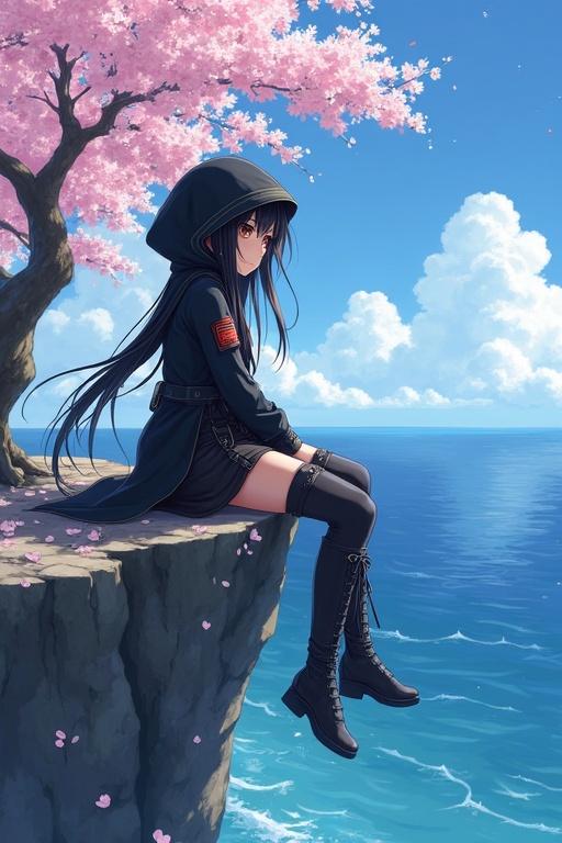 Young Japanese woman with long black hair in pigtails. She wears a hooded assassin uniform and thigh-high boots. Seated on a cliff in a cherry grove. Looking out at the sea.