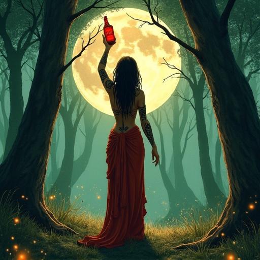 Tribal goddess with tattoos wearing flowing robes in a mystical forest. Holding a glowing elixir bottle under the moonlight. Surrounded by eerie trees and twinkling fireflies. Watercolor style evoking tranquility and magic.