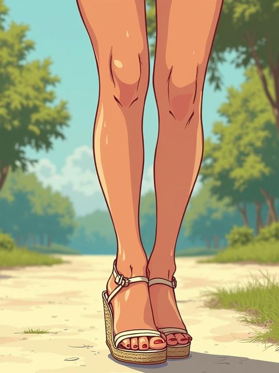 Illustration of a pinup model featuring colored pastel tones. Focus on a woman's legs and feet wearing wedge espadrilles. Scene set outdoors in a park with warm colors.