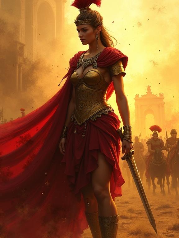 A formidable female warrior stands confidently in a dynamic battlefield. She wears bronze armor adorned with laurel leaves and a sweeping red cape. A sword and torch illuminate her presence. The background swirls with indistinct Roman structures and moving chariots in a golden haze.