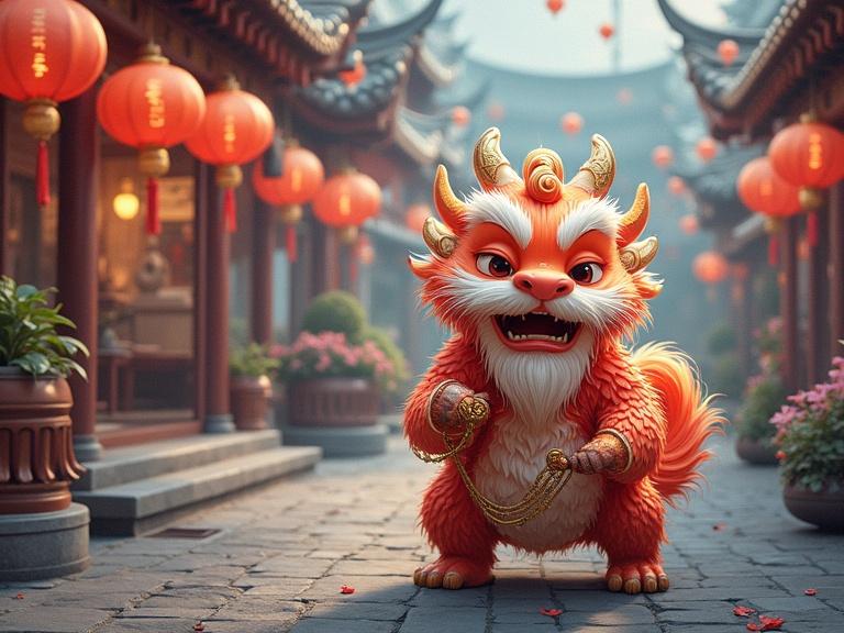 Illustration of a cute animated dragon in a traditional Chinese setting with lanterns. Bright colors and a playful expression enhance the festive feel.