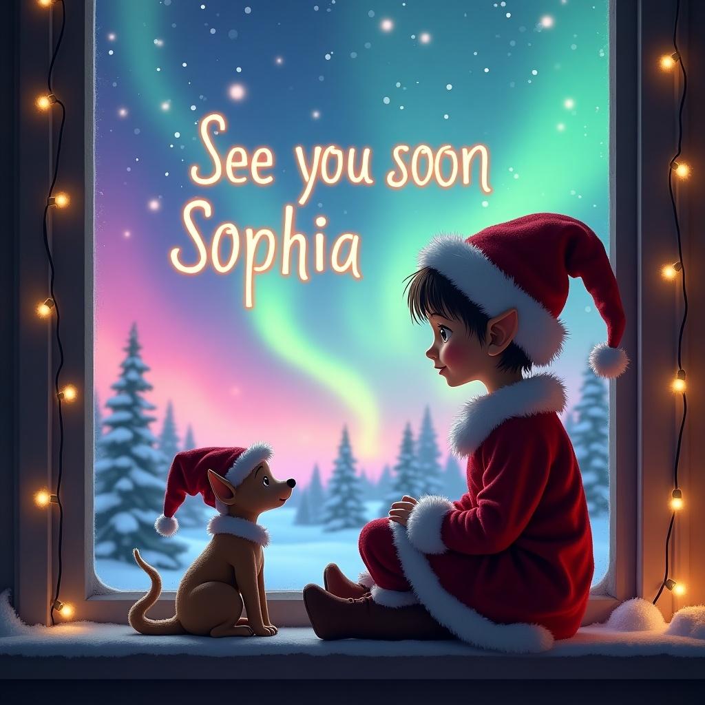 Scene features a young girl elf by a window. Northern lights glow outside in vibrant colors. Cozy atmosphere is created by fairy lights. Snow gently covers the window sill. Elf wears festive outfit. She writes 'See you soon Sophia' in the sky.