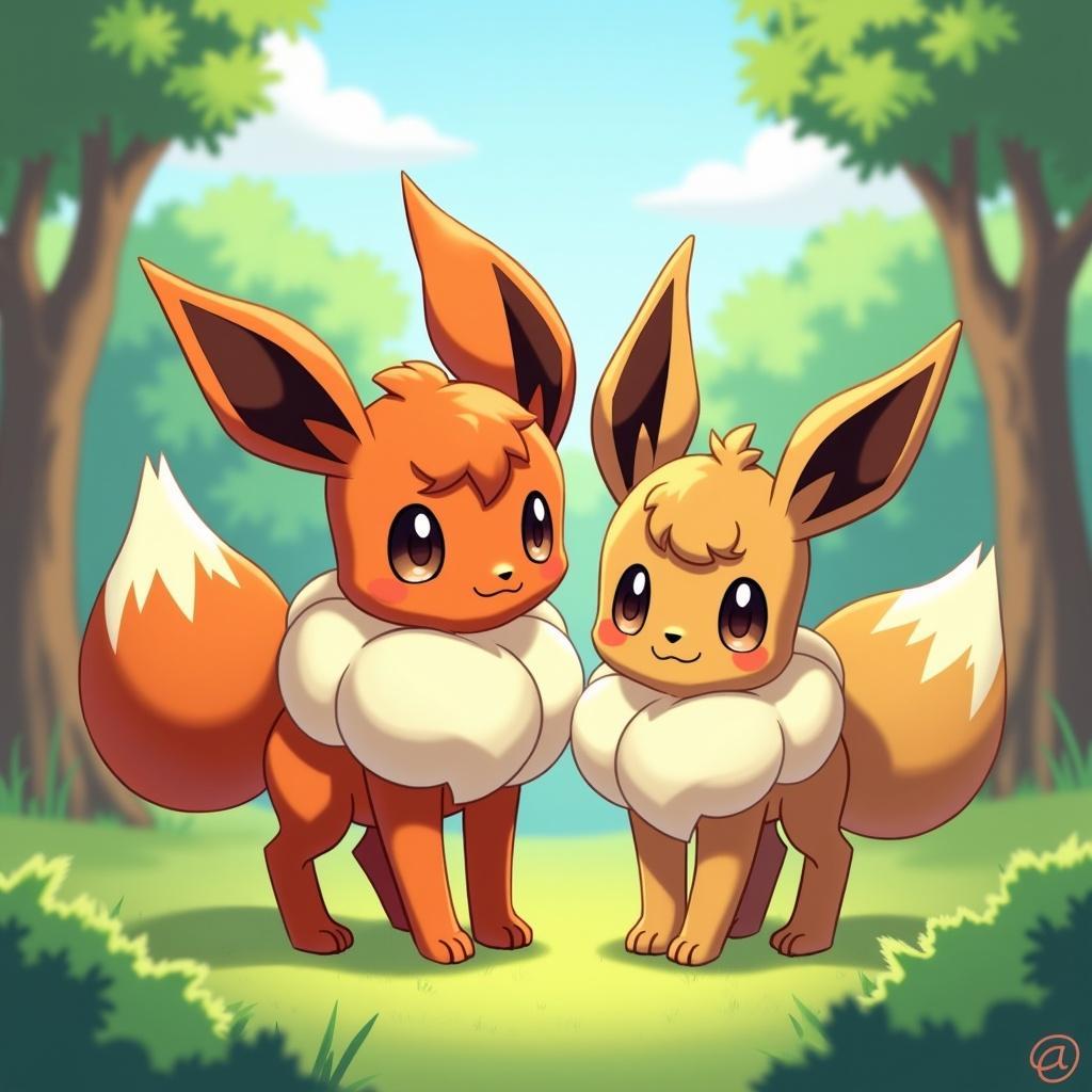 In a vibrant forest setting two Pokémon characters stand together. Vulpix is a small quadruped fox-like Pokémon with red-brown pelt and six orange tails. Eevee are mammalians with long pointed ears and primarily brown fur. They are positioned in a friendly manner as though they are ready for an adventure. The background features sunny skies and lush greenery enhancing cheerful atmosphere.