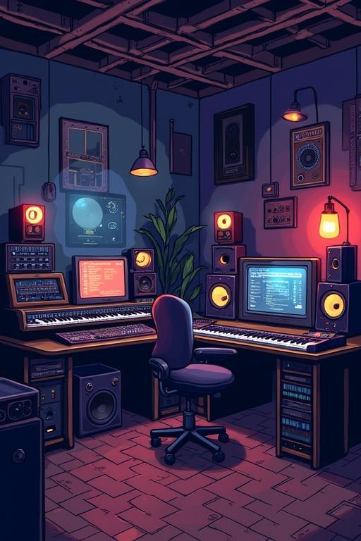 pixel art design of a music studio features synthesizers and hardware compressors. Ambient lighting creates a cozy feel. Dark room with large speakers integrated into the walls.