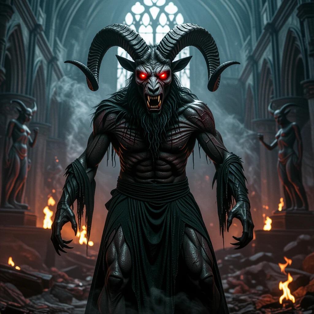Hyper-realistic terrifying depiction of Satan in goat-like humanoid form. Towering figure with blackened fur and twisted ram horns. Glowing red eyes full of hatred. Monstrous face blending human and goat features. Cracked leathery skin and long fangs. Scorched cloven hooves. Standing amidst swirling smoke and fire. Background of a ruined cathedral with demonic statues. Flickering hellfire with detailed textures of skin, fur, and horns. Muscles tense under torn ancient robes. Wet glistening mouth breathing fog into cold air. Atmosphere of dread and evil presence.