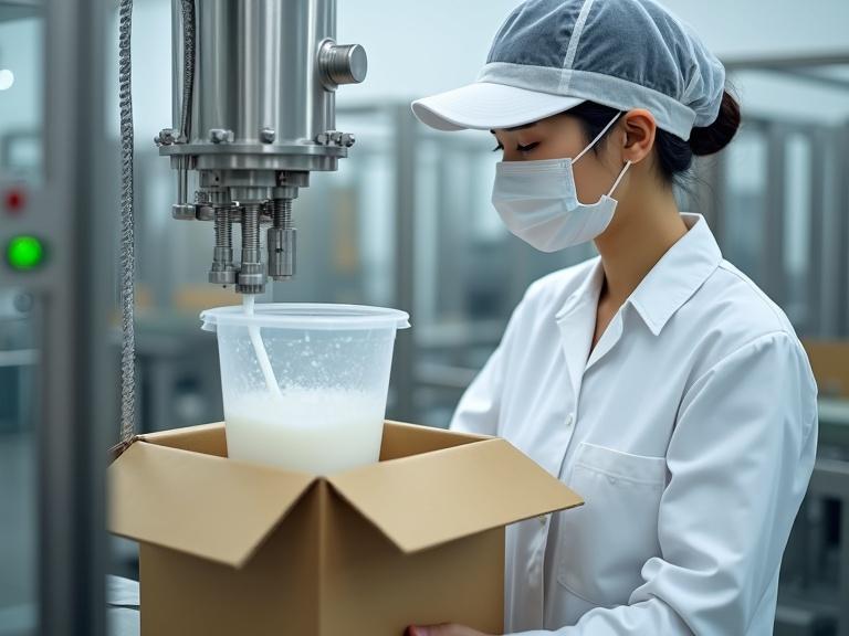 A Japanese female worker in a food factory operates a liquid filling machine. She wears clean white clothes, a hat, and a mask. A cubic square plastic container is being filled inside a cardboard box. High-resolution realistic image.