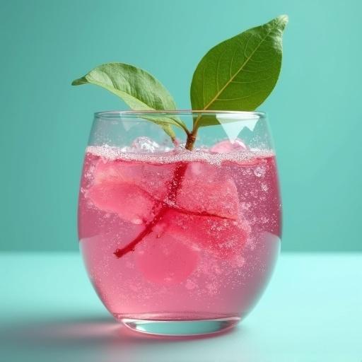 Glass shaped like an apple contains pink bubbly liquid. Leaves rest on top of the glass. Teal color surrounds the glass.