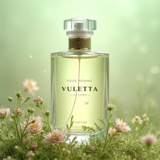 A frosted glass perfume bottle is displayed among flowers. Elegant serif font reads 'VULETTA'. Fresh violet leaves and peony blooms surround it. Wild mint sprigs and mountain tea herbs are present. Sun-dried hay adds texture. Misty meadows and dewdrops create a serene vibe. Soft pastel greens and blush pinks dominate. 'PRO L’JECE' is below 'VULETTA'. 'POUR HOMME' is at the bottom. Label reads 'PARFUM'.
