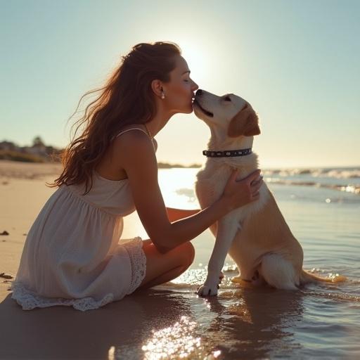 A woman kisses her dog on the beach during sunset. They are both looking at the camera with affection. The scene captures the warmth of their bond and a serene beach background.