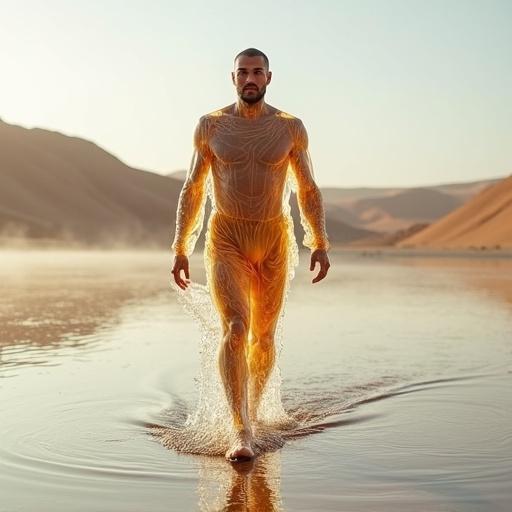 A translucent man made of water walks across a desert landscape with sand dunes in the background. The figure appears fluid and ethereal against the natural scenery of the Sahara.