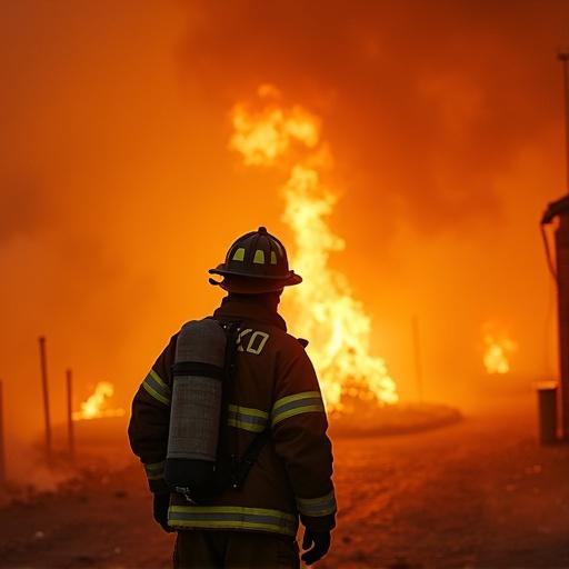 Real firefighter assessing a large fire. Flames and smoke fill the background. Firefighter wearing protective gear including a helmet. Engaged in a dramatic scene facing the fire.