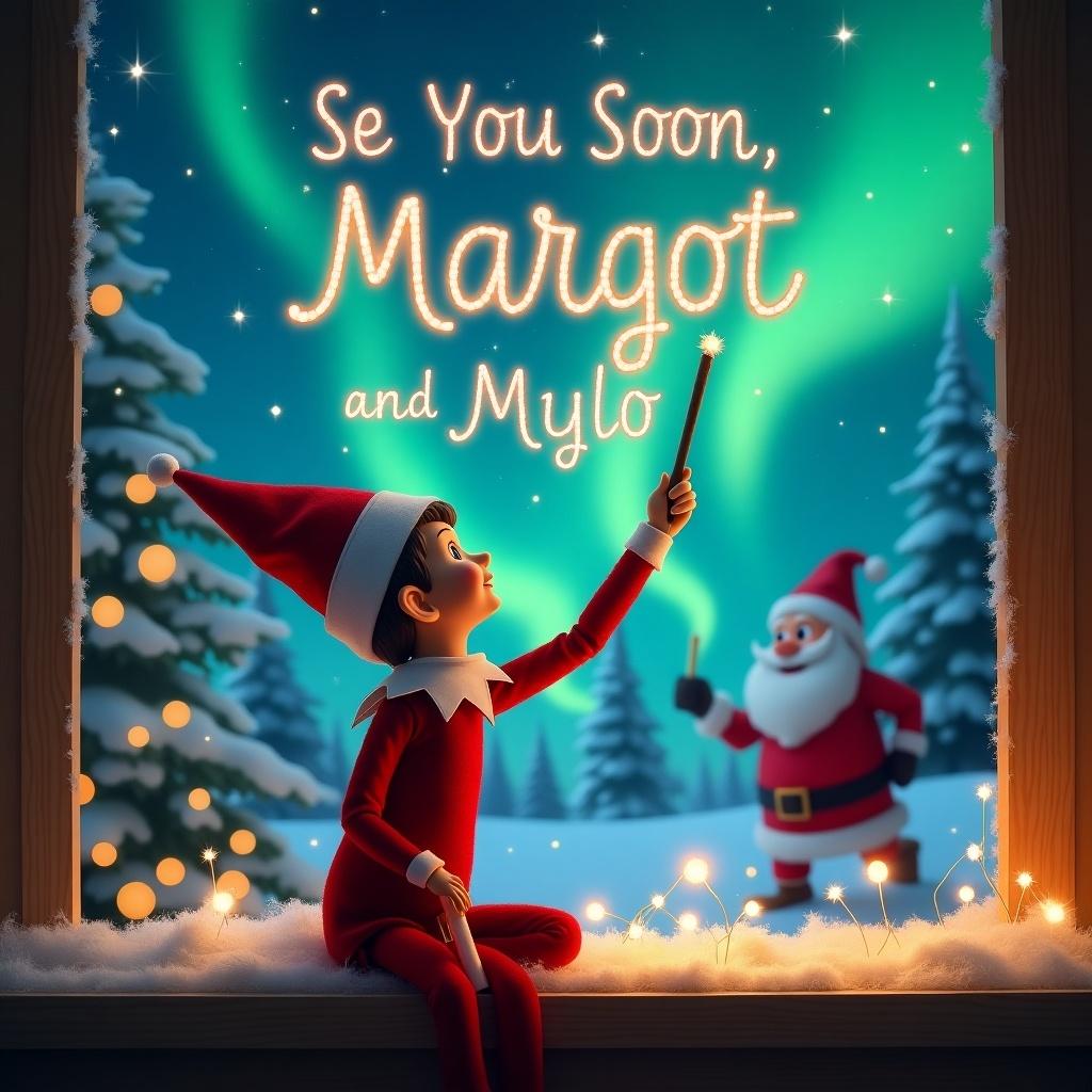 A whimsical scene featuring an Elf on the Shelf looking toward the night sky, facing away from the viewer. The elf holds a wand and is magically writing 'Margot' in the sky. The background is a stunning depiction of the northern lights with Santa Claus visible in the distance. The words 'See You Soon, Margot and Mylo' are elegantly inscribed in the sky. The overall atmosphere conveys a sense of warmth and holiday cheer, surrounded by twinkling lights and winter scenery.