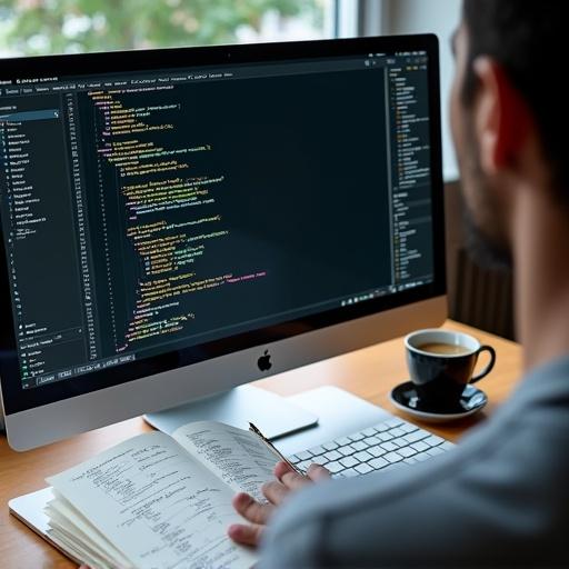 Clean shot of a programmer's desk. High-resolution monitor shows Python code with syntax highlighting. Next to monitor is coffee cup and notebook with flowcharts.