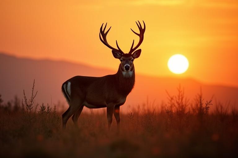 A majestic deer stands in a meadow at sunset. The sun is low in the sky, casting warm colors. The deer has impressive antlers. The setting is serene and beautiful.