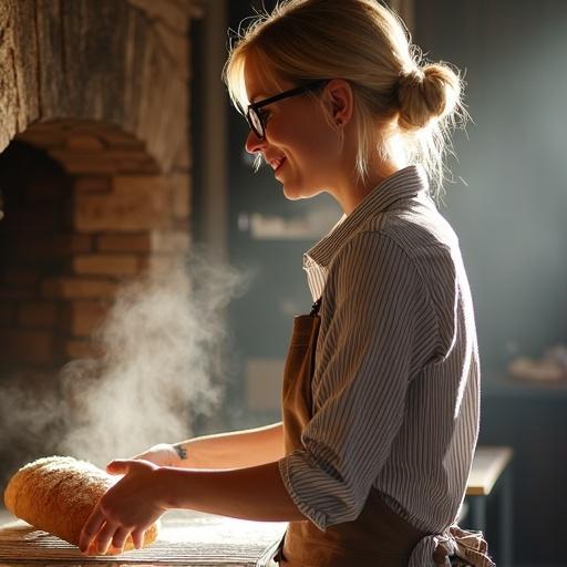 A woman takes a loaf of bread from a stone oven. Flour dusts her cheek and apron. She has a low bun and wears a striped shirt rolled to her elbows. A tiny heart tattoo is visible on her forearm. Steam from the bread fogs her glasses. She smiles as she sets the loaf on a cooling rack. Morning light through the window highlights her cheeks. Her hands appear red from the heat.