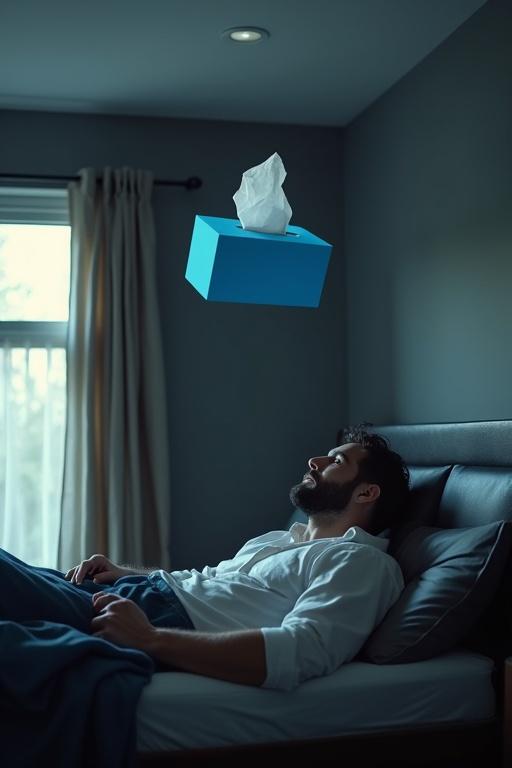 A handsome man with dark hair and a beard lies in a black leather bed in his bedroom. A window is next to the bed. A blue tissue box with tissues floats high near the ceiling. The man stares at the box in shock.