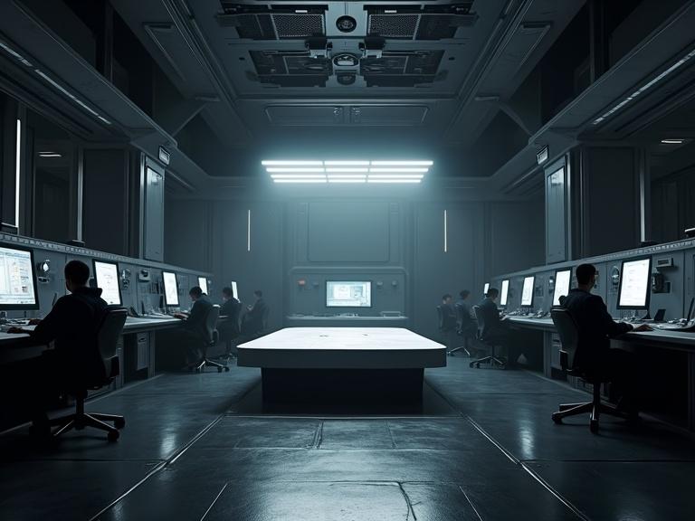Create image of dark black blocky smooth bevel diagonal wide low ceiling interior sci-fi command center. Dark atmospheric setting with bright screens and a white bulky rectangle bevel strategy table in the middle. Metal bulky bevel doors and black metal floors. Military people in black navy uniforms sit and walk around. Include diagonal bulkheads and details like shadows and realism.