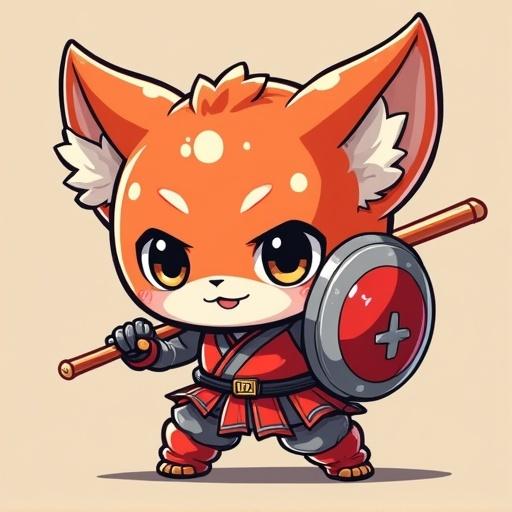 Chibi character resembling a takoyaki warrior holding a shield and weapon. Color palette includes red orange and silver. The character has an adorable expression, large ears, and a playful pose.