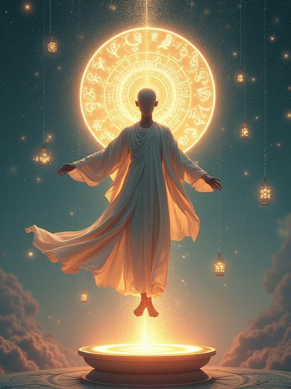 An androgynous oracle floats above a glowing circuit-disc with ancient glyphs. Their robes swirl fluidly around them. A levitating prayer-wheel casts translucent sigils. Background features a galaxy with relics and lanterns.