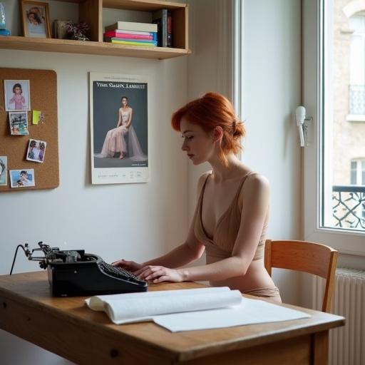 A woman with red hair and fair skin sits at a table. She is wearing beige lingerie. A typewriter is nearby with a roll of tracing paper. The table has photographs of a child and various stationery. A poster of a model in elegant pose with 'Yves Saint Laurent 1971' is on the wall. Above the table, there are shelves with colored paper and artwork. Soft light comes from a window typical of Parisian apartments. White walls surround the scene. To the left, a corkboard shows photos and notes. Below, framed photographs and colorful stationery are neatly arranged.