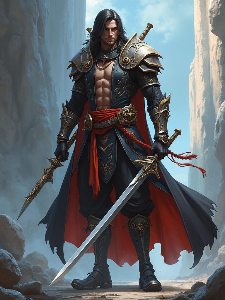 Fantasy warrior character wearing ornate armor standing in a narrow canyon landscape with swords drawn. Prominent display of heroic traits and warrior spirit.