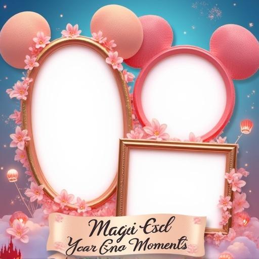 A whimsical Disney-style photo collage template for a corporate year-end party. Features decorative, fairy tale-inspired photo frames in shapes like Mickey ears and castle turrets. Background has soft gradients, sparkles, and Disney castle silhouettes. Includes title 'Magical Year-End Moments' at the bottom. Joyful and enchanting tone.