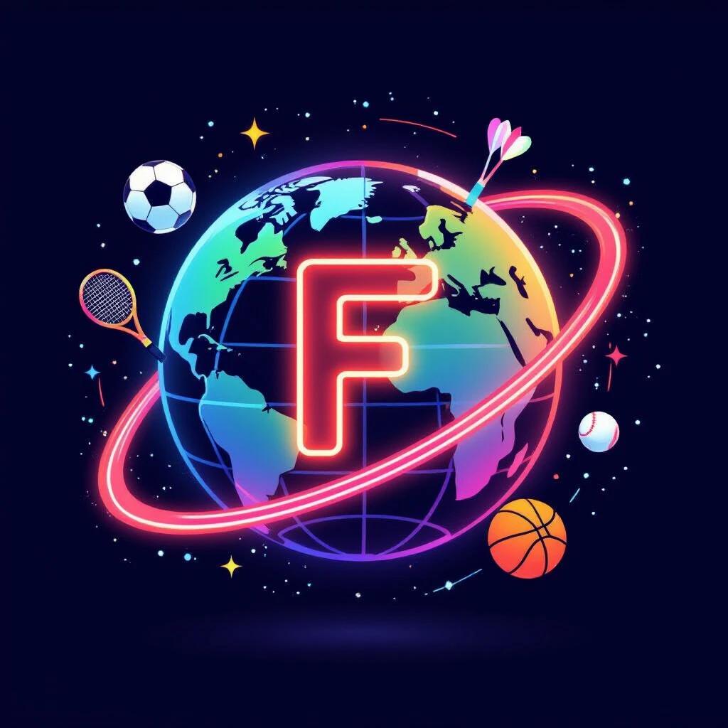 Dynamic logo icon features a colorful abstract globe. Sports elements like soccer ball tennis racket darts basketball orbit around a central glowing letter F. Style is futuristic neon with sharp lines. High contrast and clean vector design is present. Suitable for social media profile pictures.