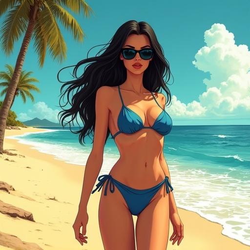 A comic noir style illustration features a confident woman on a beach. She has long dark hair and wears a high-cut blue bikini. Sunglasses shield her eyes. Hair blows gently in the breeze. Sunlight creates glimmers on her skin. The scene radiates elegance and mystery with dramatic lighting and deep shadows.
