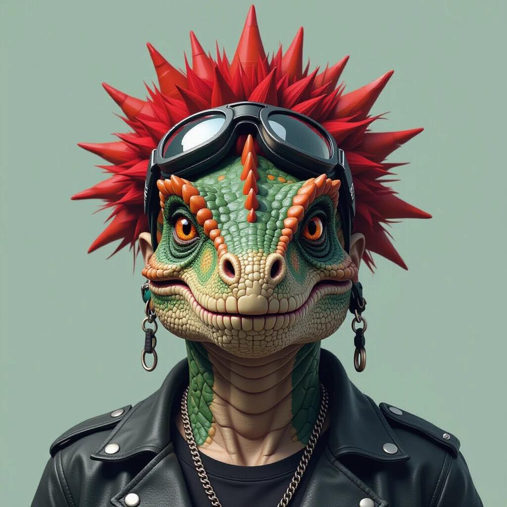 A digital illustration of a dinosaur-inspired punk character. The character has an extravagant spiky hairdo in shades of red. Unique punk-style accessories like sunglasses and a leather jacket. The overall design blends horror and fantasy elements.