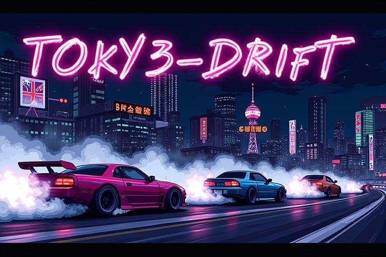 A pixelated night city scene displays drifting cars under neon Japanese lettering. The color palette involves neon pink midnight blue cyber purple and white. A stylized Japanese kanji slogan reflects the theme. The artwork combines elements of rebellious streetwear with royal symbols for a unique twist.