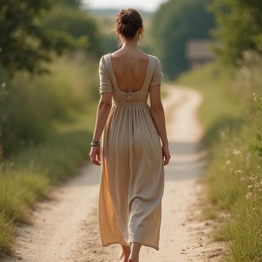 Full body back view of a woman walking along a dirt path. She has light brown hair tied back. The dress is earth-toned linen with a fitted bodice and flowing skirt. Soft natural lighting creates a warm atmosphere. Clean background enhances the artistic vibe.