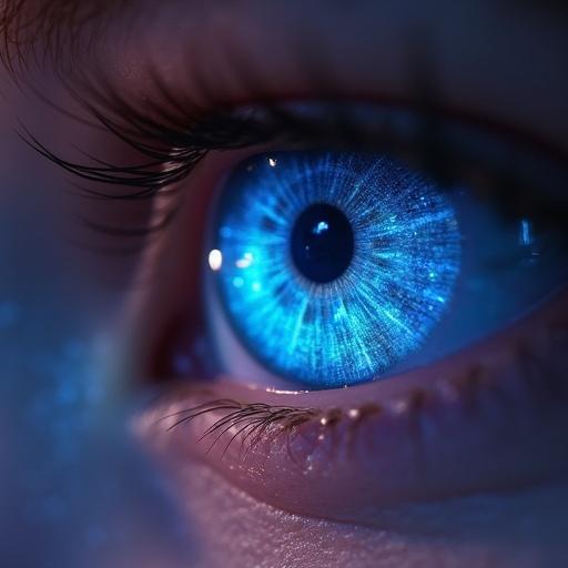 Close-up of glowing blue eyes opening gently. Soft light reflects in the eyes. Surrounded by fading digital particles. Expression shows innocent wonder. Cinematic focus with pastel neon glow and watercolor-style texture.