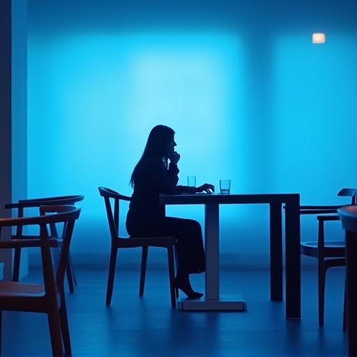 Minimalistic image of woman seated in restaurant during blue hour. Emphasis on cool, even lighting. Composition features blue and white tones with negative space. Clean, modern mood. Focus on form and space. Contemporary style with subtle gradients.