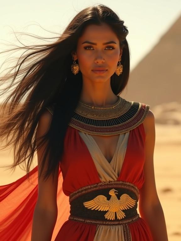 A cinematic photo depicting an Egyptian woman in the desert. She has medium-brown skin and long black hair blowing in the wind. Her outfit is red, white, and black with a golden eagle motif. The dress flows naturally. The scene is during golden hour with soft lighting.