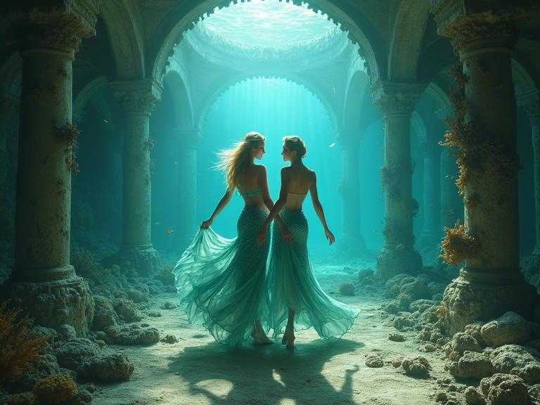 Mermaids waltzing under deep water. Tails shimmering in ethereal light. Ancient ballroom formed from coral and shipwreck ruins. Schools of delicate fish swimming. Clear blue-green marine environment.