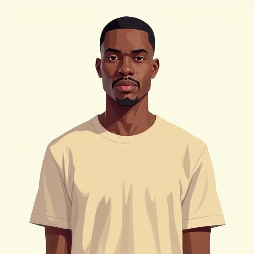 Flat 2D illustration of a Black male character inspired by Grand Theft Auto game covers. Character has clean short haircut and subtle facial hair. He wears a plain t-shirt and poses full frontal. Expression is calm and confident. Design features smooth shading and flat colors without bold outlines. Background is minimal with light color.
