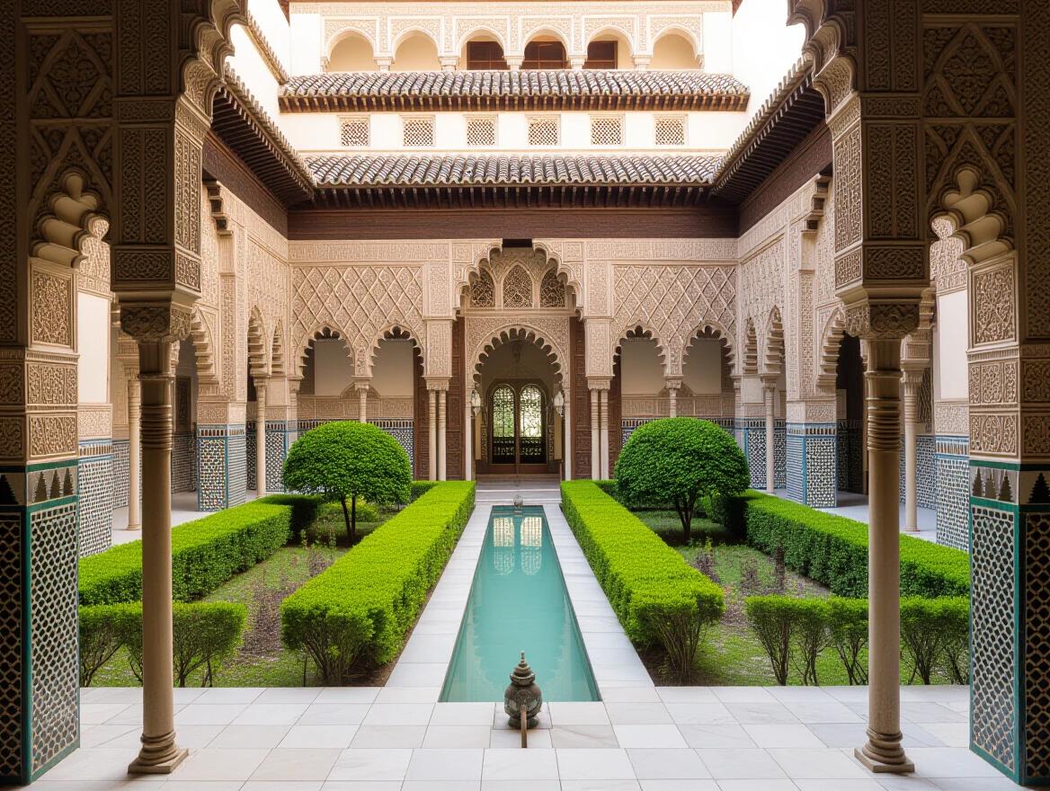 A Moorish palace features intricate tilework. The lush inner courtyard is highlighted. The serene water feature reflects the surrounding architecture. Green shrubs frame the pathway leading to the fountain.
