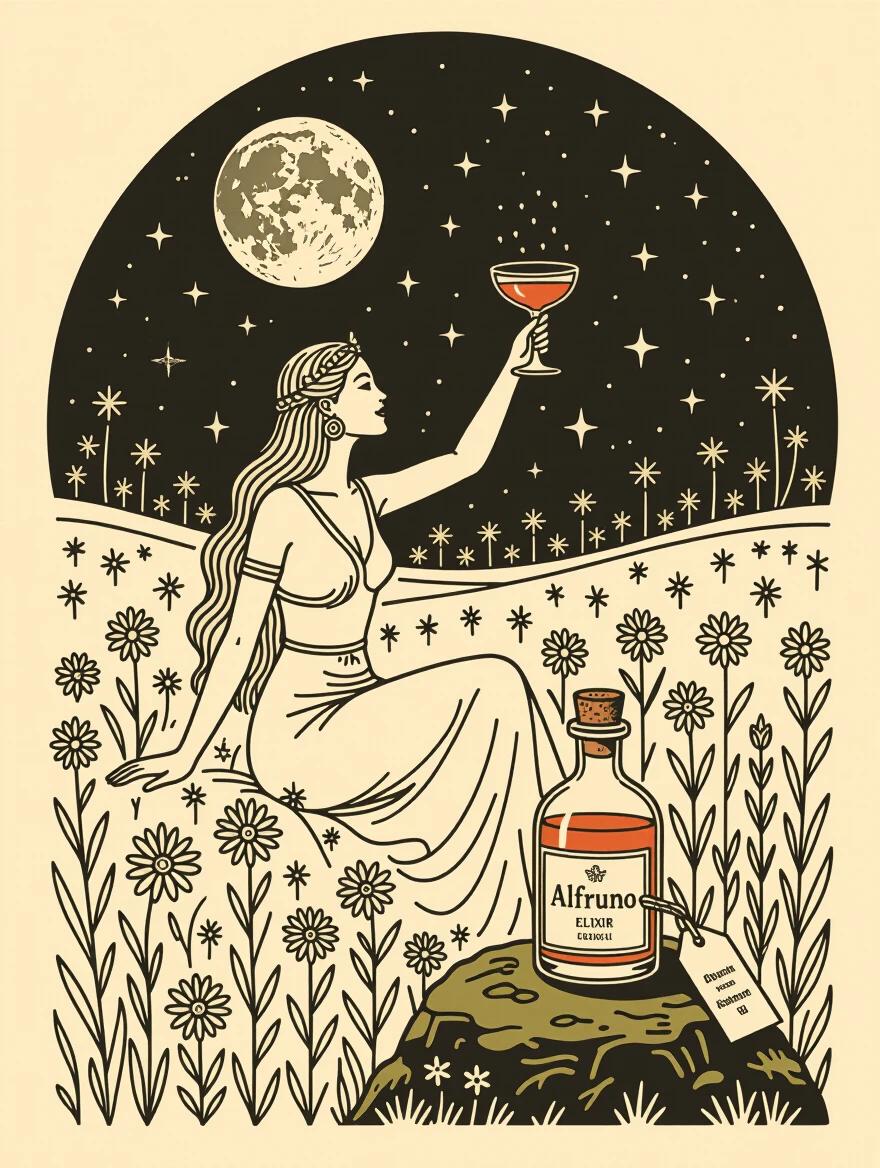 Minimalist line art of a goddess distorted like a fisheye lens. Seated in wildflowers curving into the sky. Raising a cocktail glass in a toast to the moon. An apothecary bottle of ALFRUNO elixir on a mossy stone. Soft golden-reddish glow radiating from the bottle. Cork lid on top. Elegant hang tag displays the name ALFRUNO in script. Thick bold creme-white outlines against deep indigo background. Traditional zen art and Aubrey Beardsley inspiration. Focus on simplicity, elegance, dark mystery.