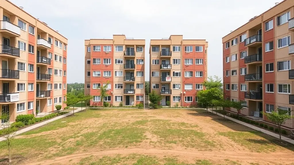 A symmetrical view of three apartment buildings surrounding a grassy courtyard with small trees and pathways.