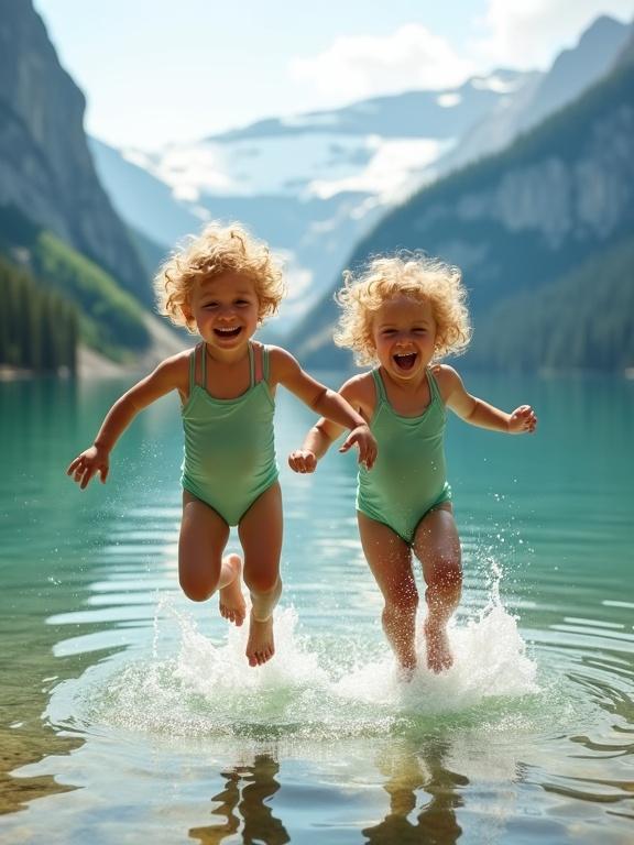 Whimsical scene of twin toddlers with curly blonde hair jumping into a serene lake by majestic mountains. They wear matching light green swimsuits. Exuberant expressions with wide smiles. Soft natural lighting creates a dreamy vibe. Water reflects the surrounding landscape. Composition focuses on the twins, framed by towering cliffs. Splashing water highlights their playful joy.