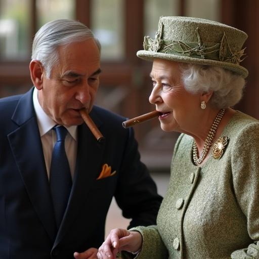 Two people sharing cigars in a Paris setting. One dressed in a business suit with a cigar in hand. The other in elegant attire with a cigar and a hat. Engaging expressions, natural light highlight features.