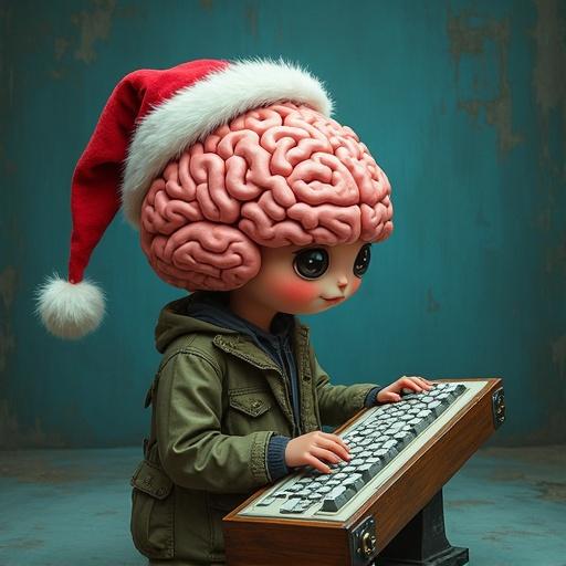 Brain character with a Santa hat types on a keyboard. Humorous portrayal of an influencer. Tube-like environment enhances the quirky atmosphere. Character shows personality through expression and attire. Illustrates toxic influencer behavior with a playful twist.
