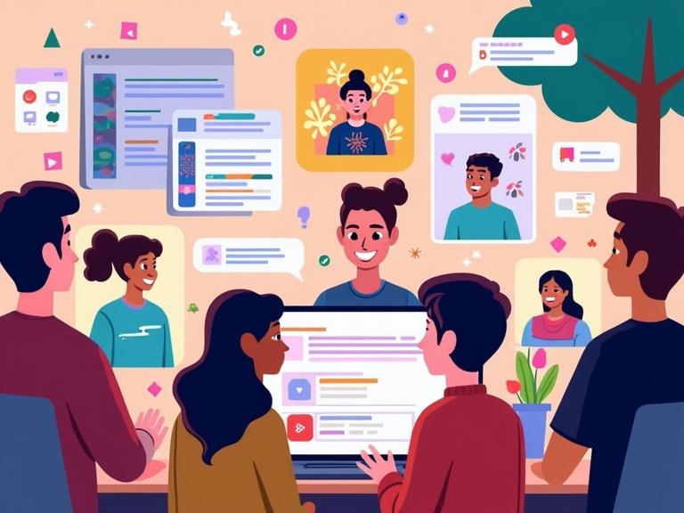 Vibrant digital illustration captures YouTube audience engagement. Diverse group of viewers around a computer smiling. Visual elements symbolize engagement strategies like comments, polls, live chat. Growing tree labeled 'Loyal Community'. Modern colorful style blends realism with soft digital art elements.