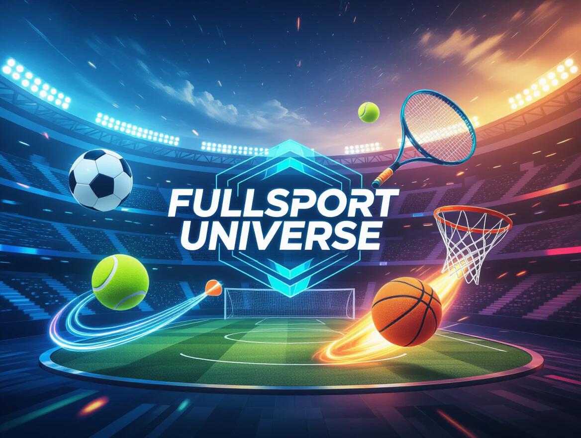 Cinematic banner showing sports arena with dynamic lighting. Holograms of soccer ball tennis ball basketball floating. Central logo text FullSport Universe in bold. Vibrant colors with motion effects. High resolution designed for YouTube banner.