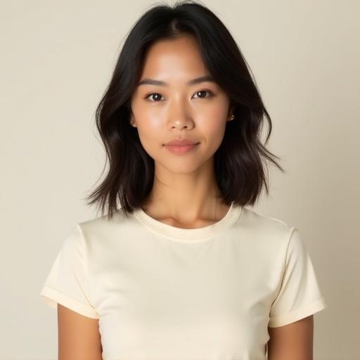 High resolution photorealistic portrait of a woman with medium-length hair styled in a bob. She wears a cream-colored t-shirt with short sleeves. The image frames the subject from head to just below the chest without cropping. Full frontal view. Features include full lips and prominent cheekbones. Neutral expression with natural skin texture.