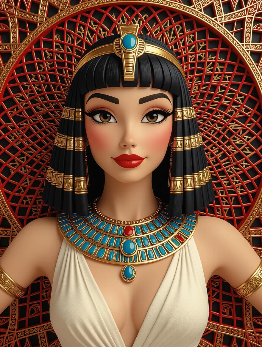 Hyperdetailed supermodel in ancient Egyptian clothing. Ornate jewelry with a striking headdress. Intricate designs with red strings in the background. Captured using digital art techniques in 8k resolution. Zentangle and 3D effects enhance depth and detail.