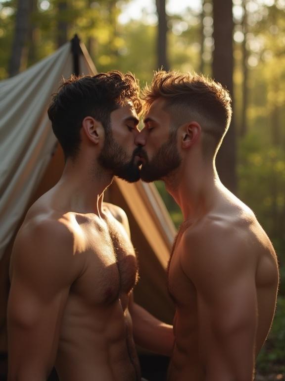 Close-up of two shirtless men kissing outside a tent in a sunlit forest. Romantic and intimate atmosphere with natural light.