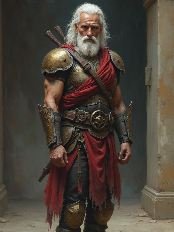 A muscular warrior stands tall wearing ornate armor. He has long gray hair and a thick beard, with a red cape draping over his body. The background is neutral and emphasizes the warrior's strength.