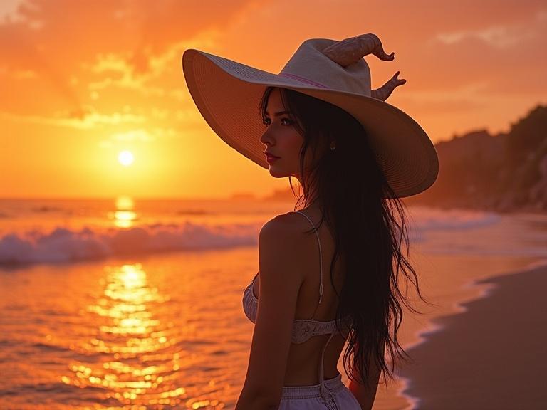 Woman wearing a large hat at the beach with a sunset backdrop. The image captures a serene moment by the shore.