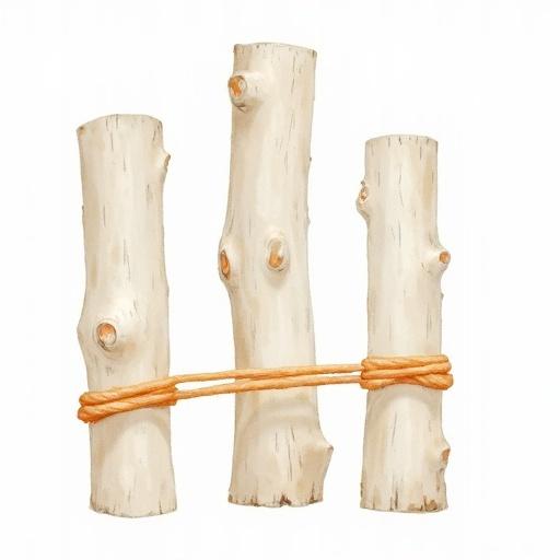 Watercolor painting in pastel colors features three old vertical wooden logs of different sizes which are tied together with an orange rope set against a blank, centered background.